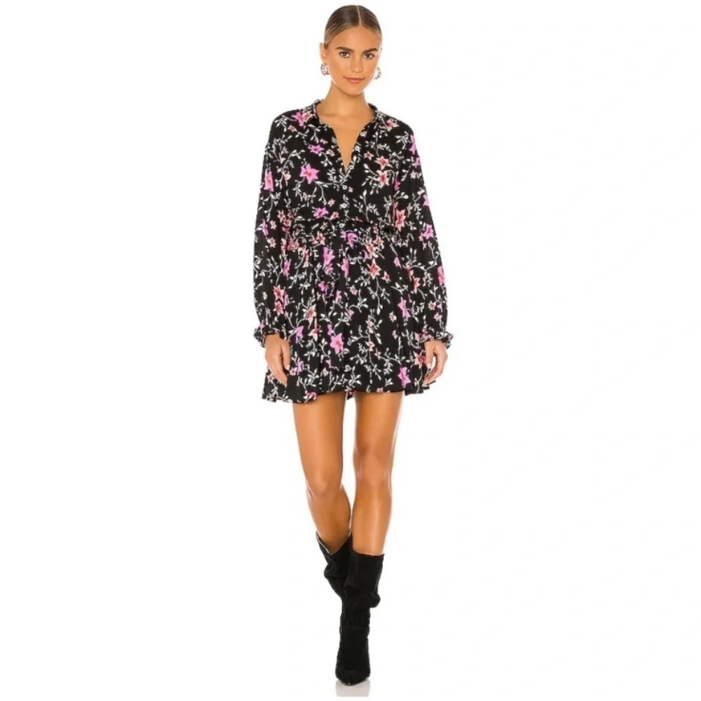NEW Free People Lighten Up Floral Black Combo Mini Dress XS